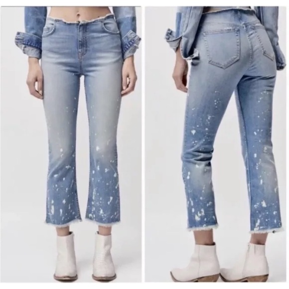 Free People Jeans Raw Waistband Bleach Spot Mid Rise Crop Bootcut Size 27 - Picture 1 of 11